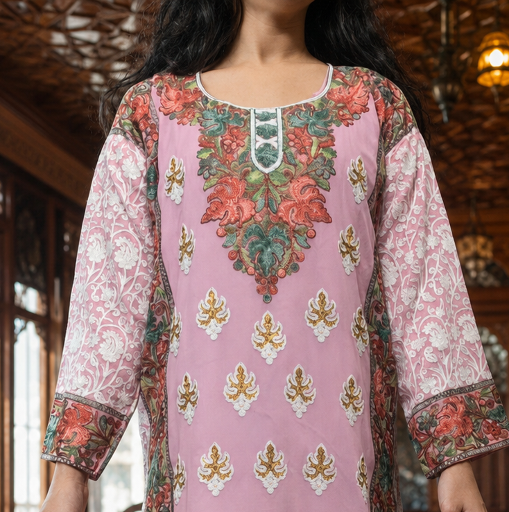 Pink Georgette Kashmiri Designer Kurti - Aari with Zari Embroidery, Without Lining