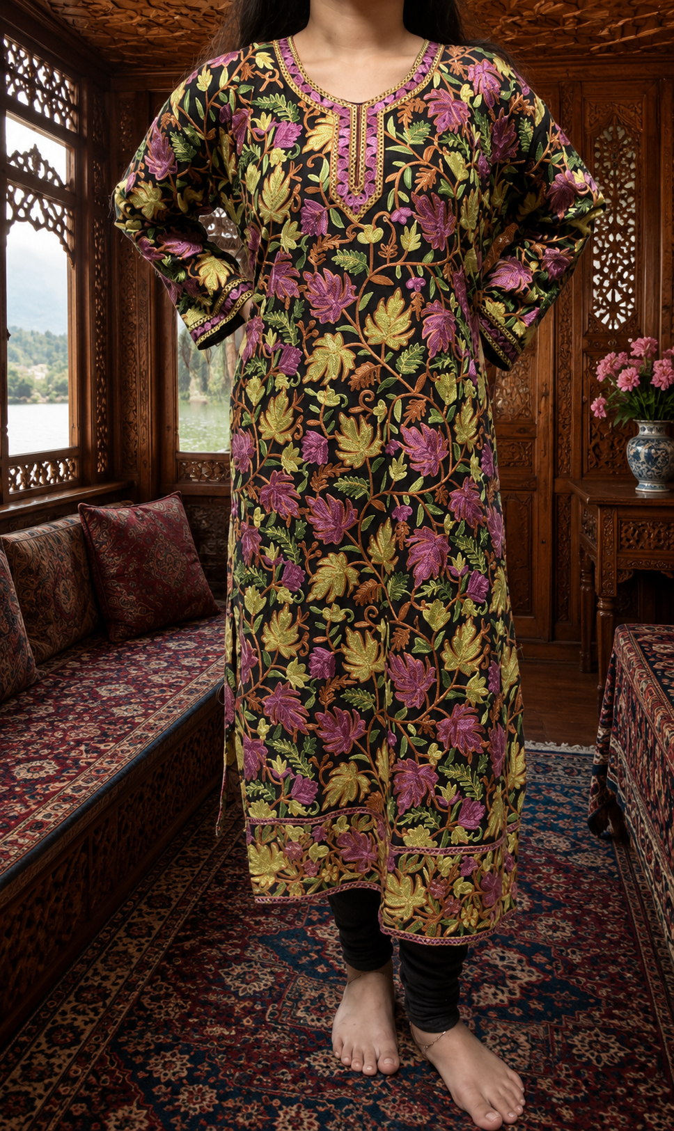 Black Georgette Kashmiri Kurti with Multi-colour Chinar Aari Embroidery, Without Lining
