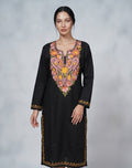 Rang-e-Bahaar Classic Black Kashmiri Cotton Kurti | Plain Style with multi-colour Aari Embroidery