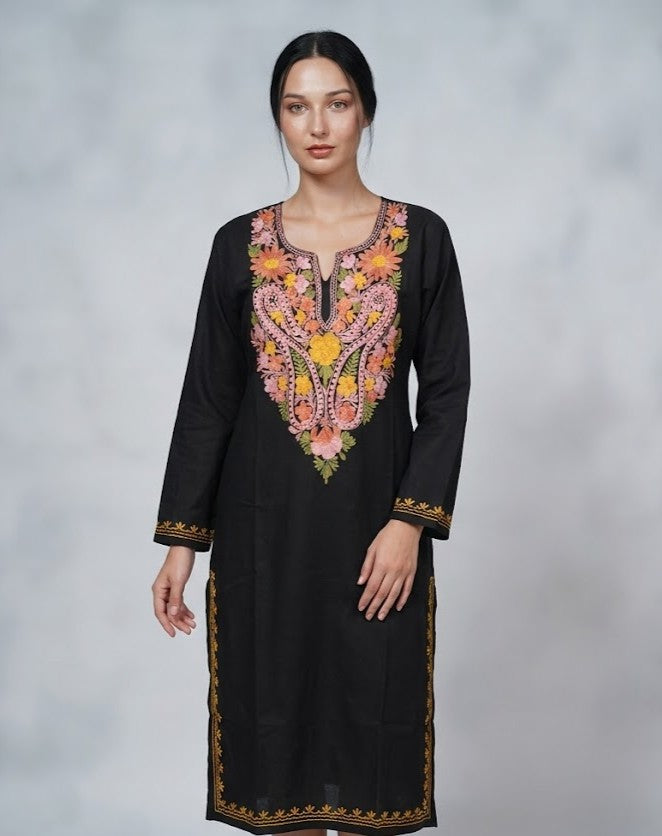 Rang-e-Bahaar Classic Black Kashmiri Cotton Kurti | Plain Style with multi-colour Aari Embroidery