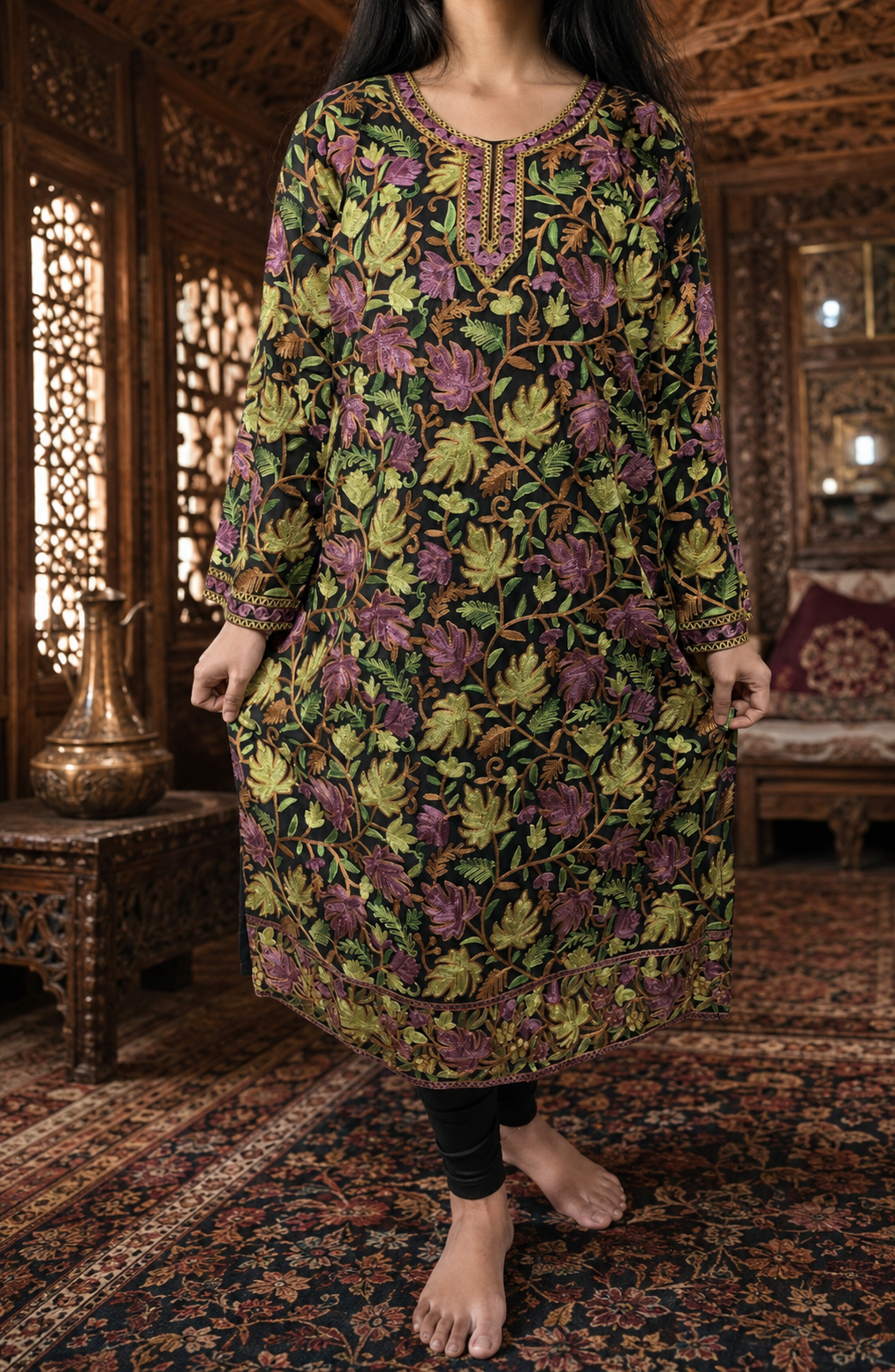 Black Georgette Kashmiri Kurti with Multi-colour Chinar Aari Embroidery, Without Lining