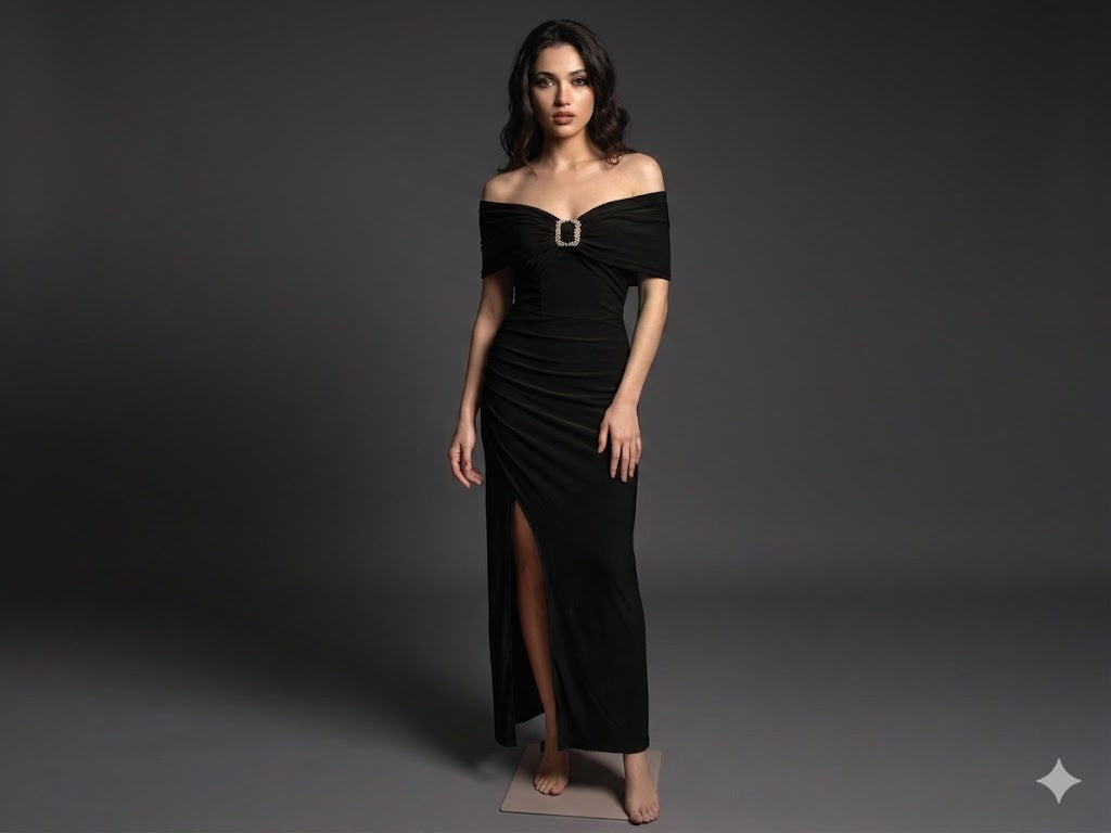 Long Bodycon off - shoulder Lycra dress.