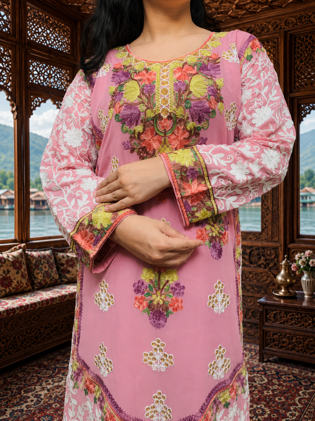 Pink Georgette Kashmiri Designer Kurti - Aari with Zari Embroidery, Without Lining