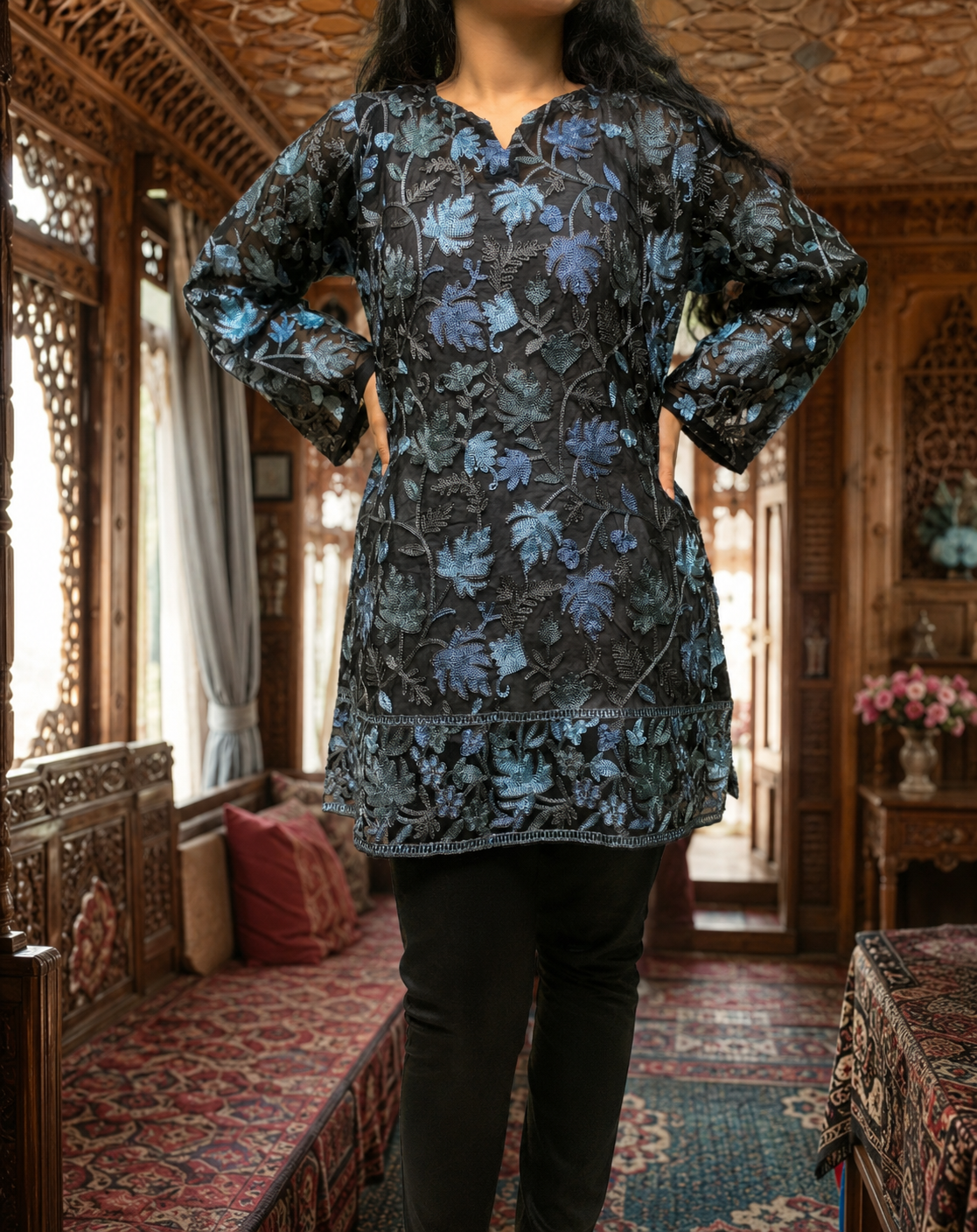 Black Georgette Kashmiri Short Kurti with Blue Chinar Aari Embroidery, Without Lining