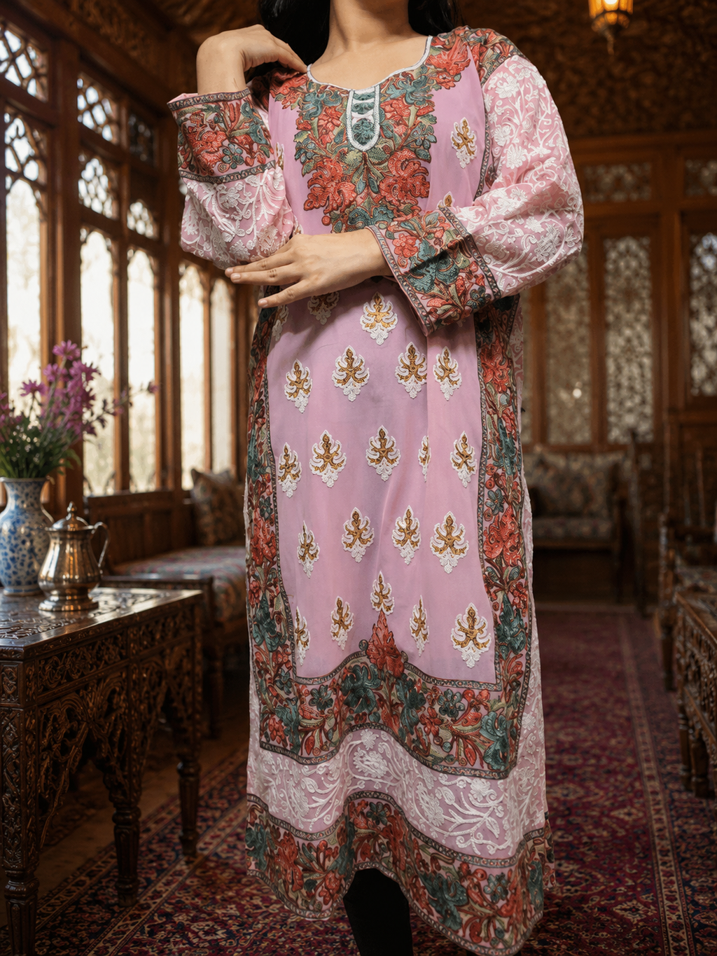 Pink Georgette Kashmiri Designer Kurti - Aari with Zari Embroidery, Without Lining