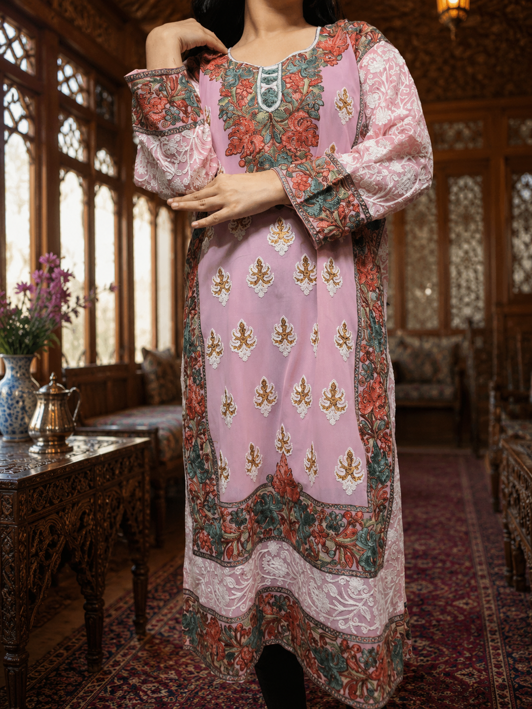 Pink Georgette Kashmiri Designer Kurti - Aari with Zari Embroidery, Without Lining