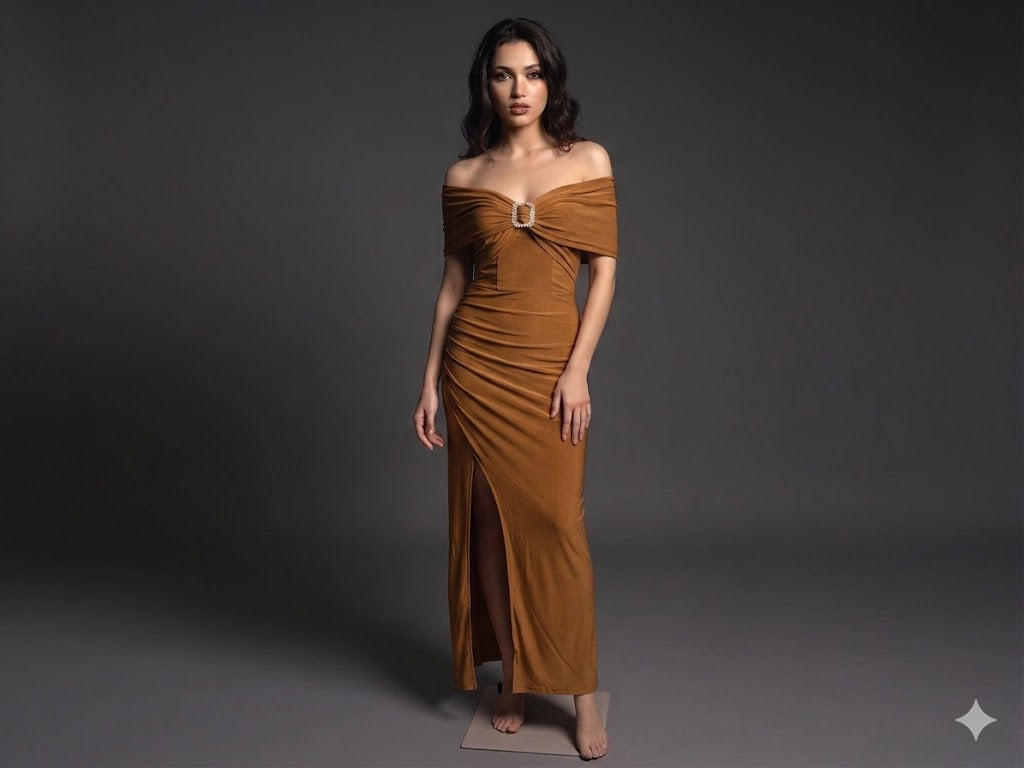 Long Bodycon off - shoulder Lycra dress.