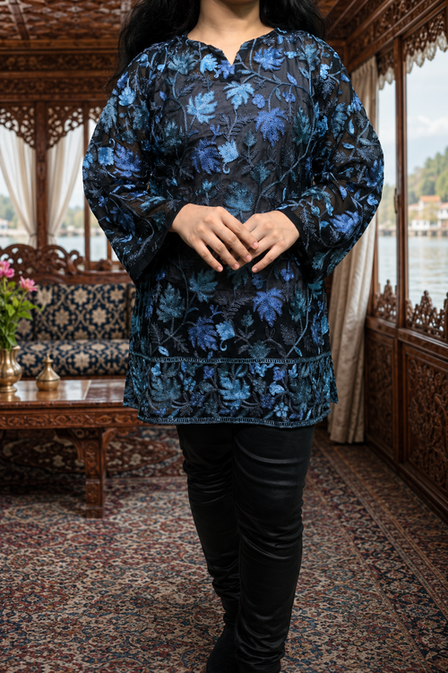 Black Georgette Kashmiri Short Kurti with Blue Chinar Aari Embroidery, Without Lining