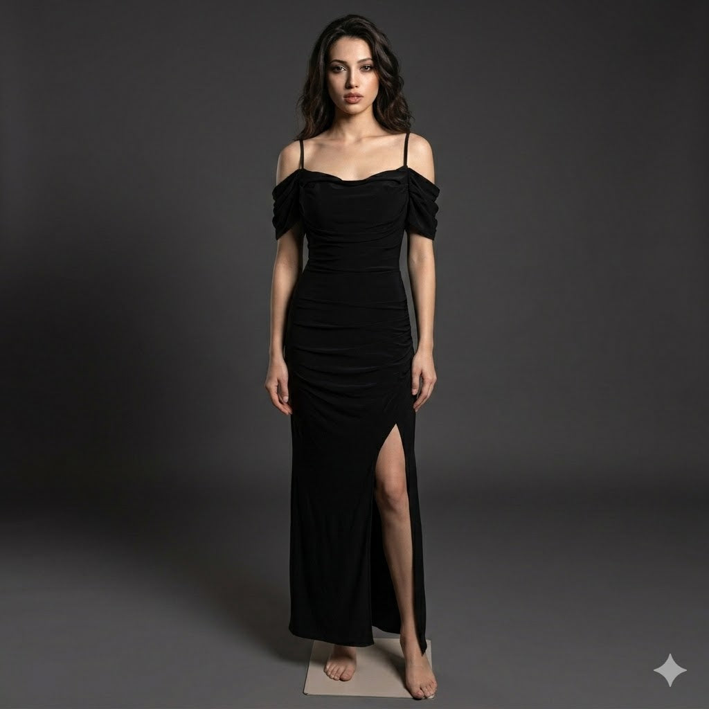 Long Bodycon cold - shoulder Lycra dress.