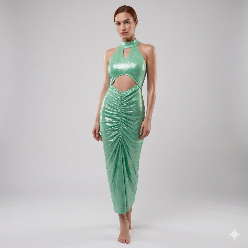 Long metallic Lycra shiny Halter neck dress.