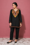 Rang-e-Bahaar Classic Black Kashmiri Short Cotton Kurti | Plain Style with multi-colour Aari Embroidery