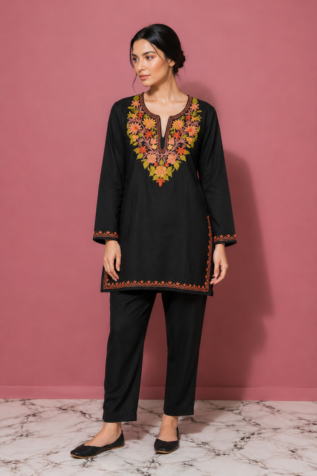 Rang-e-Bahaar Classic Black Kashmiri Short Cotton Kurti | Plain Style with multi-colour Aari Embroidery