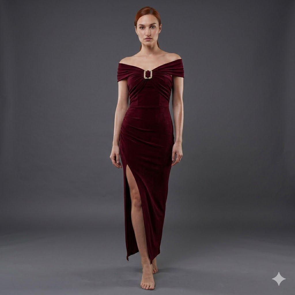 Long Bodycon off - shoulder Lycra dress.