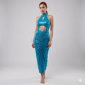 Long metallic Lycra shiny Halter neck dress.