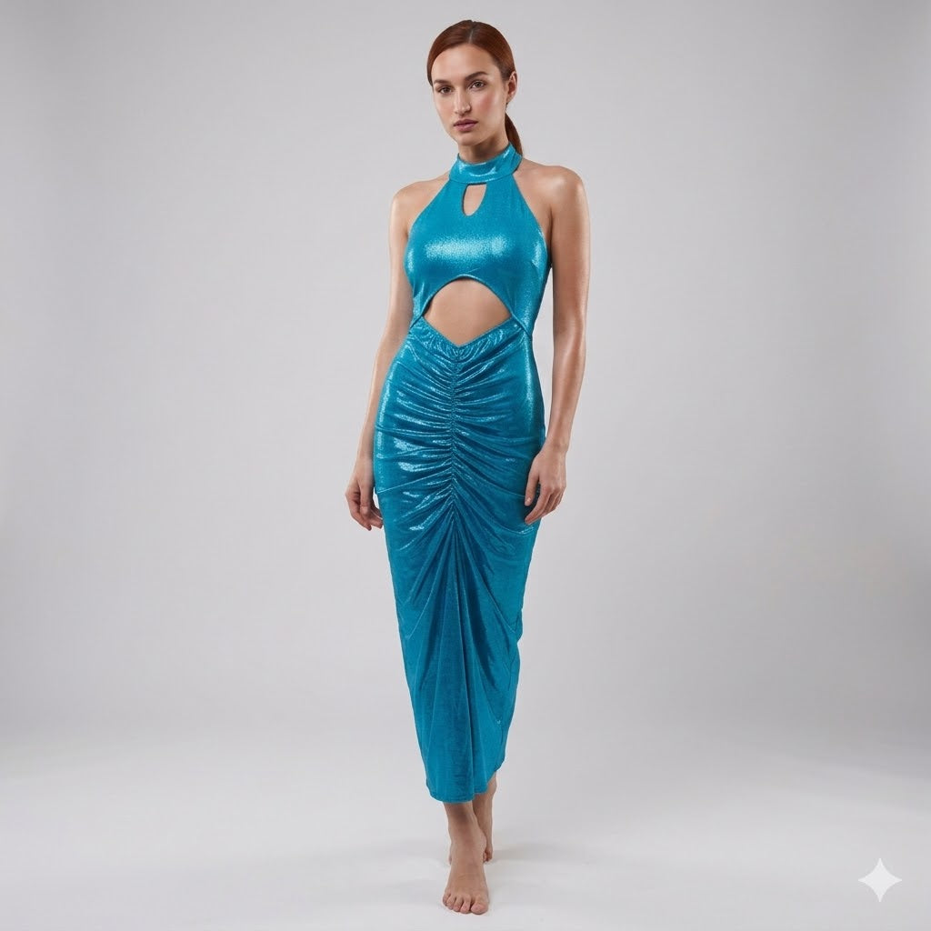 Long metallic Lycra shiny Halter neck dress.