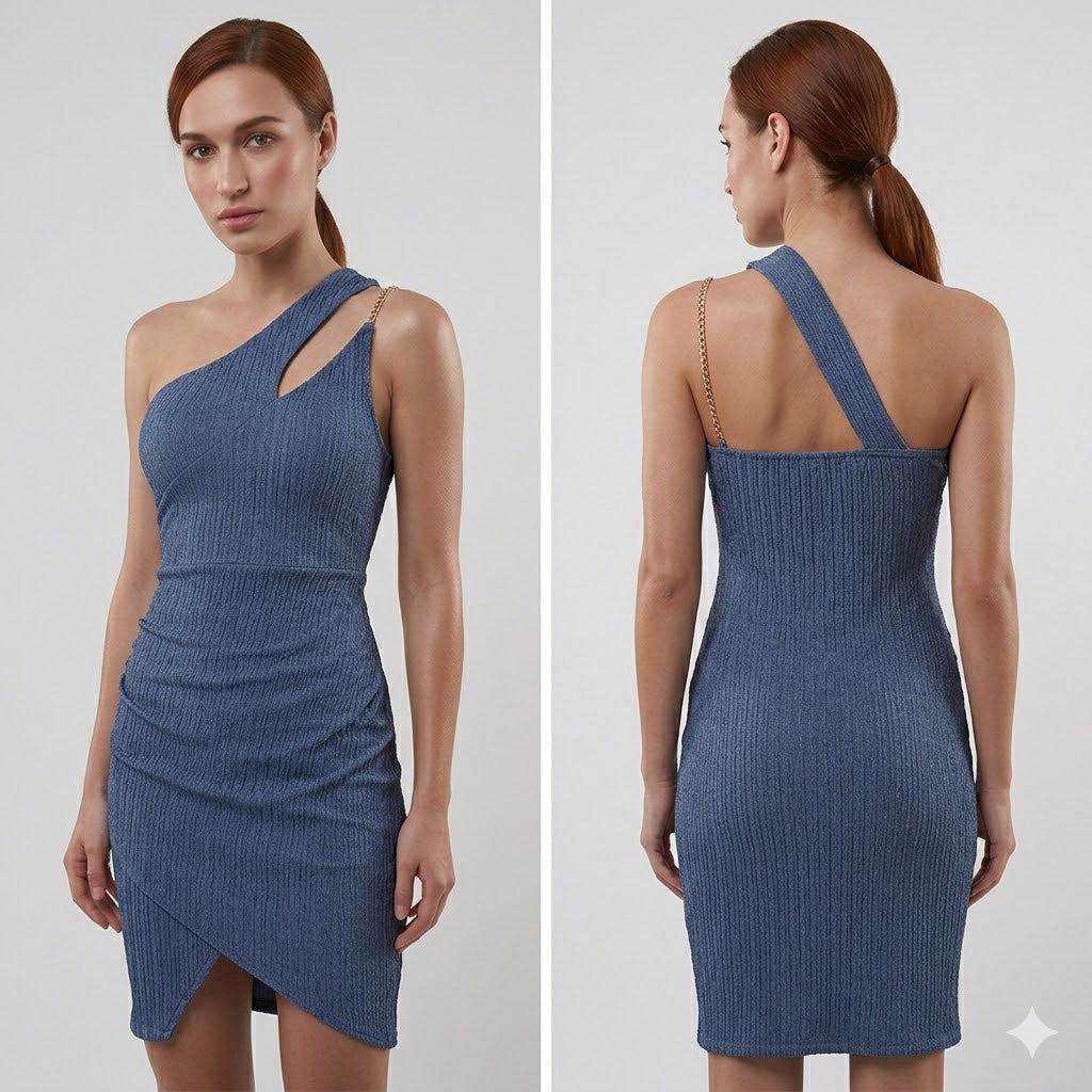 Short one shoulder bodycon dress.