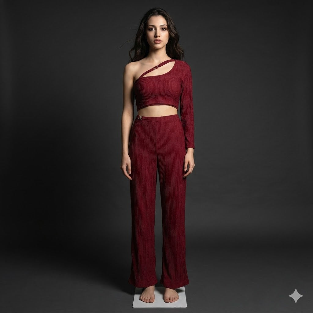 Long bodycon one - Shoulder Crop Top and pant set.