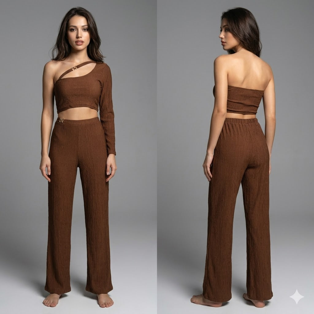 Long bodycon one - Shoulder Crop Top and pant set.
