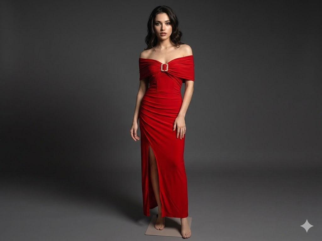 Long Bodycon off - shoulder Lycra dress.