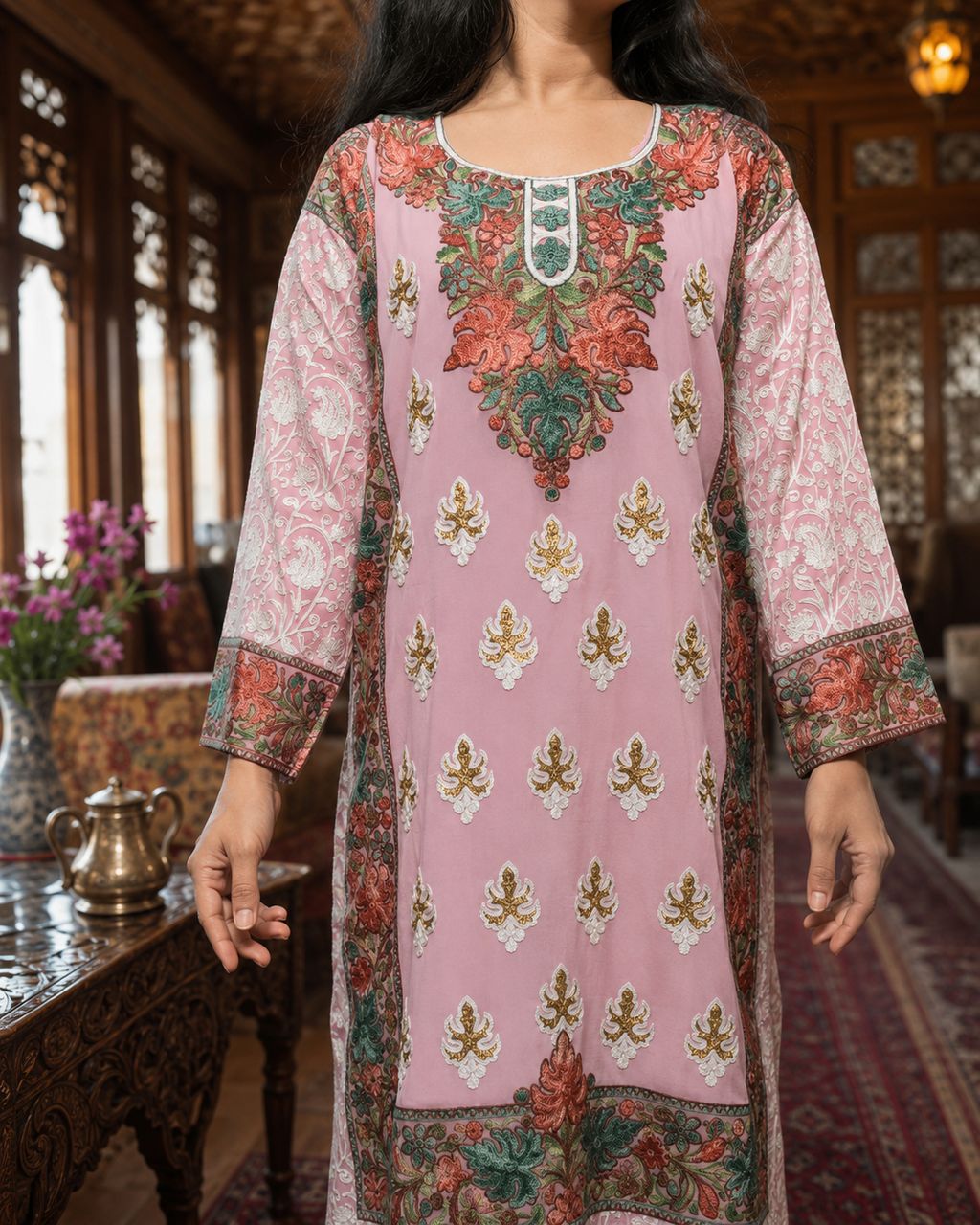 Pink Georgette Kashmiri Designer Kurti - Aari with Zari Embroidery, Without Lining