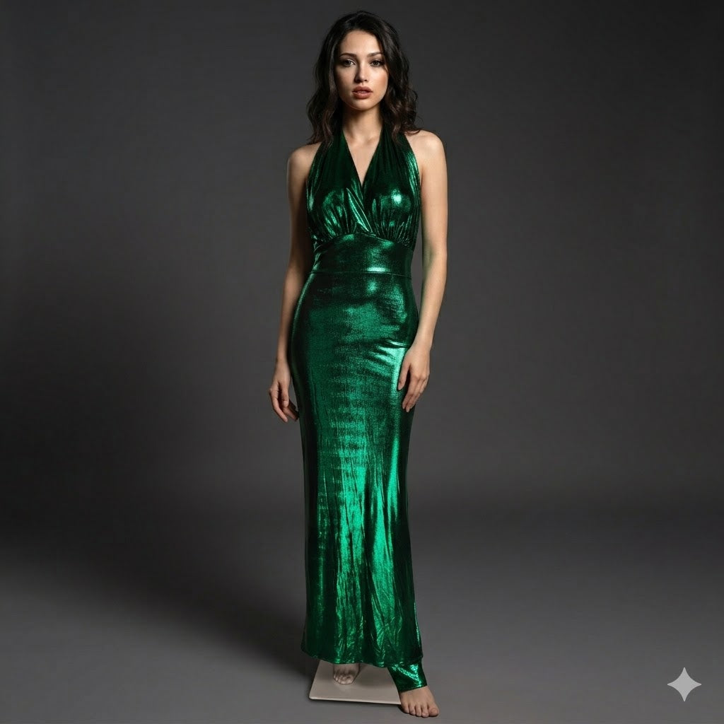Long metallic Lycra shiny Halter neck dress.