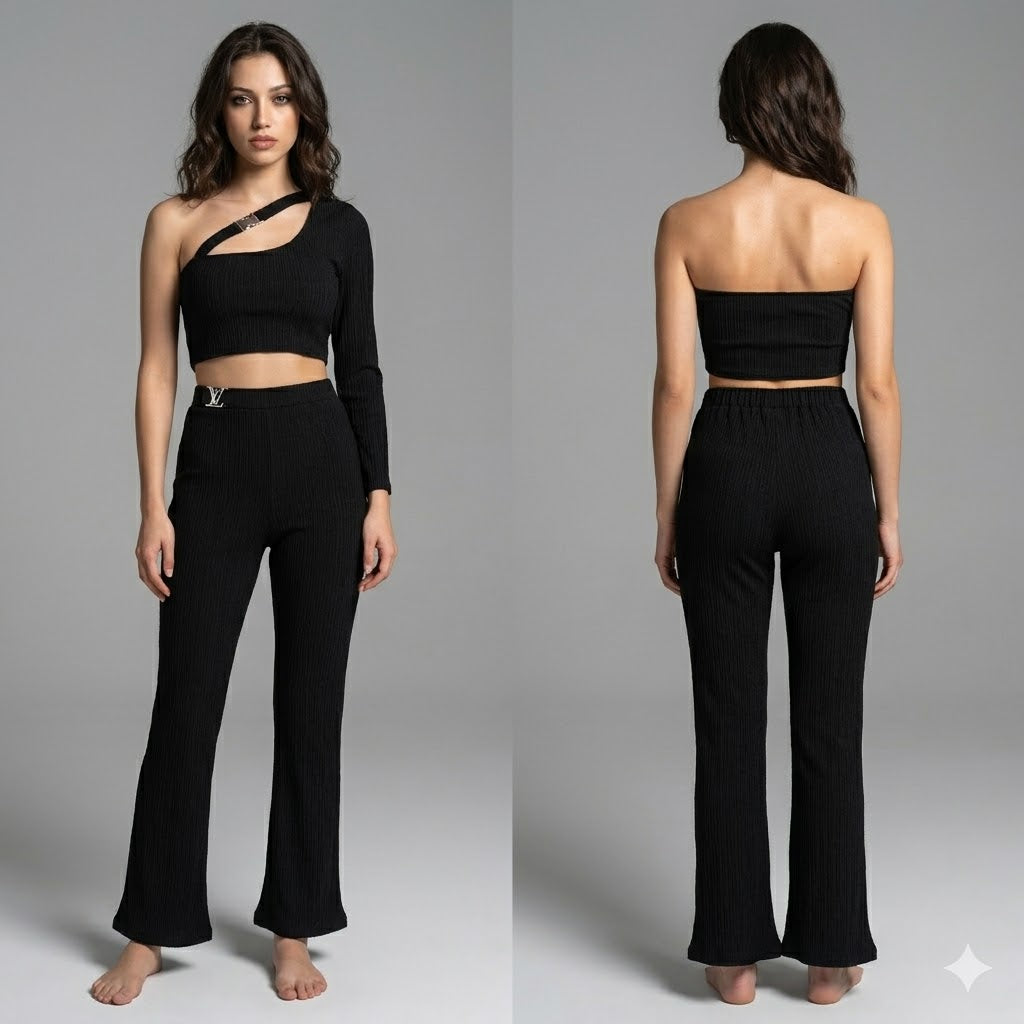 Long bodycon one - Shoulder Crop Top and pant set.