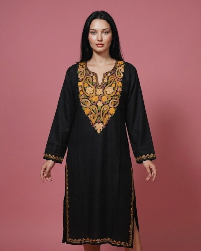 Rang-e-Bahaar Classic Black Kashmiri Cotton Kurti | Plain Style with multi-colour Aari Embroidery | Versatile Daily Ethnic Wear