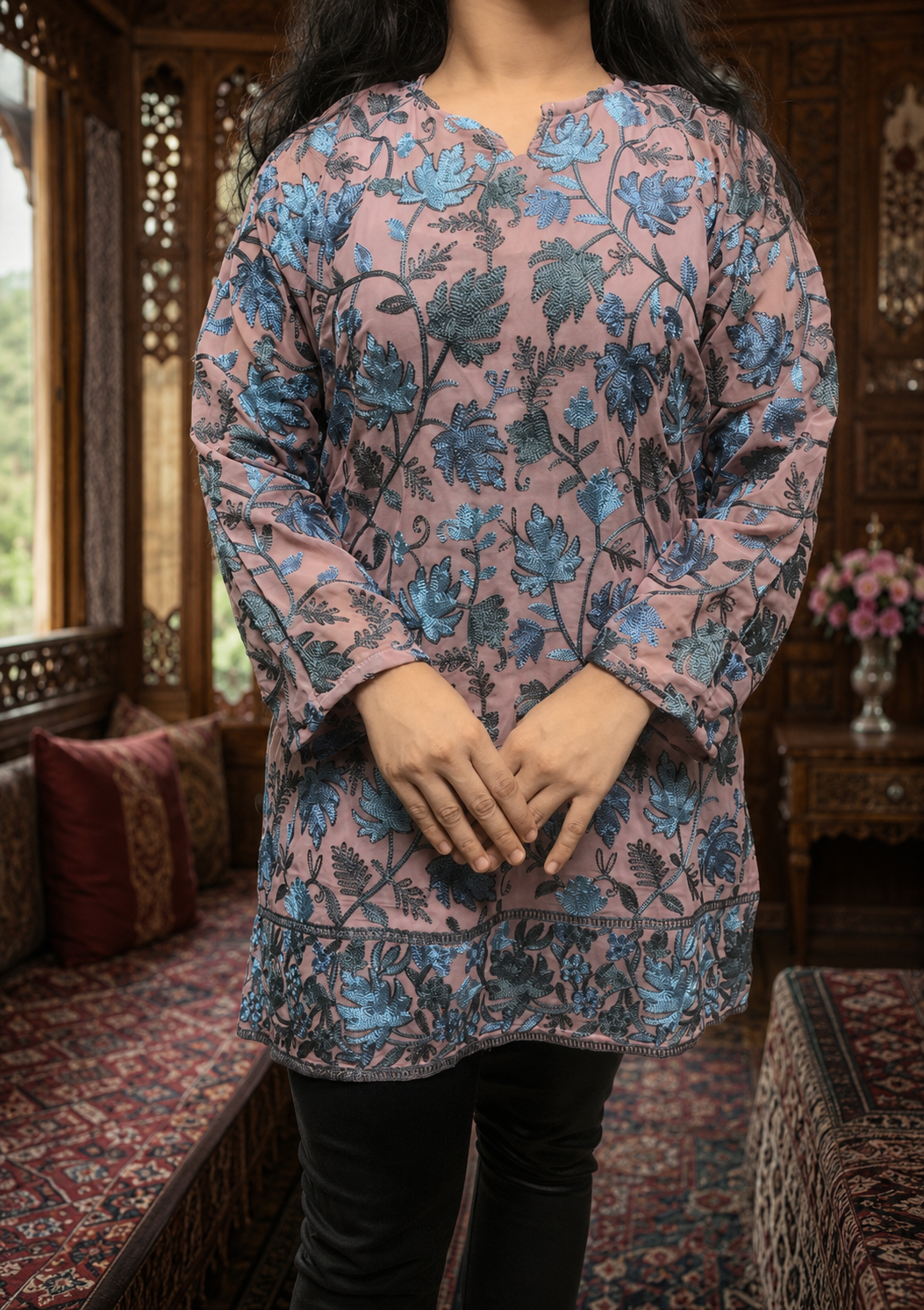 Onion Pink Georgette Kashmiri Short Kurti with Slate Blue Chinar Aari Embroidery, Without Lining