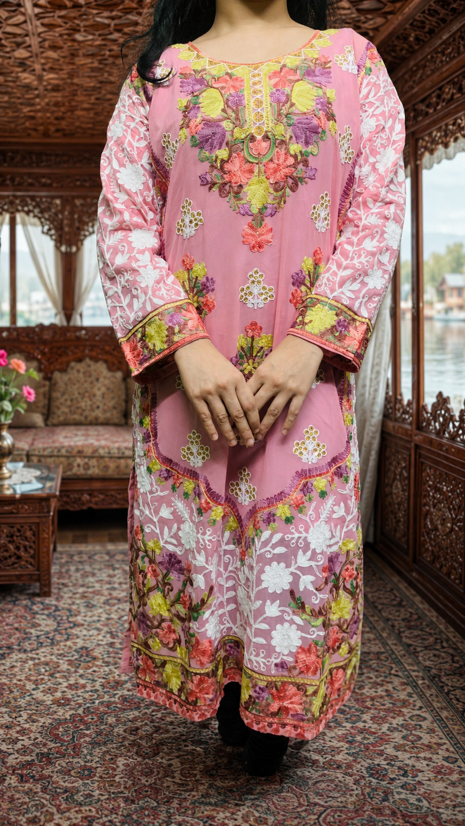 Pink Georgette Kashmiri Designer Kurti - Aari with Zari Embroidery, Without Lining