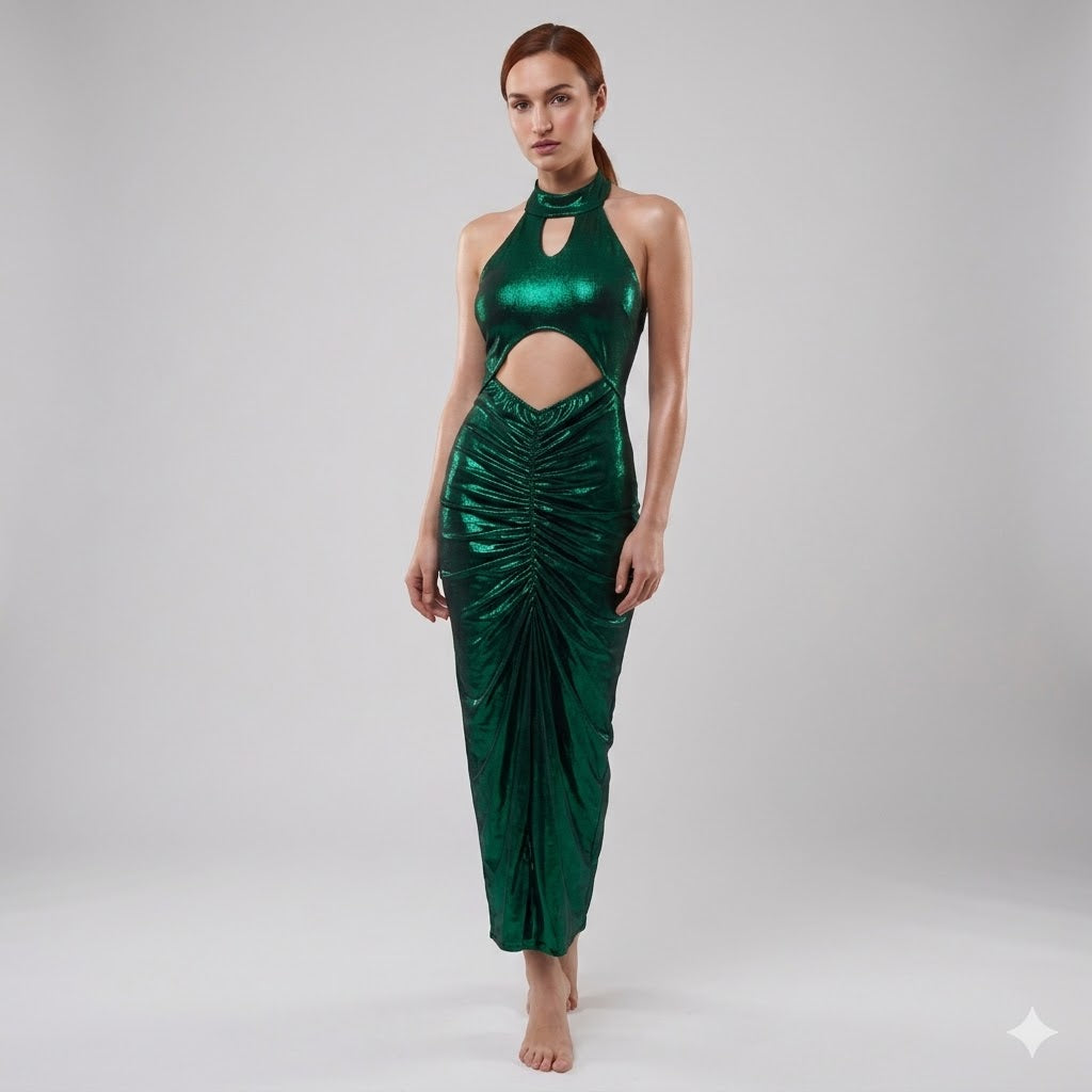 Long metallic Lycra shiny Halter neck dress.