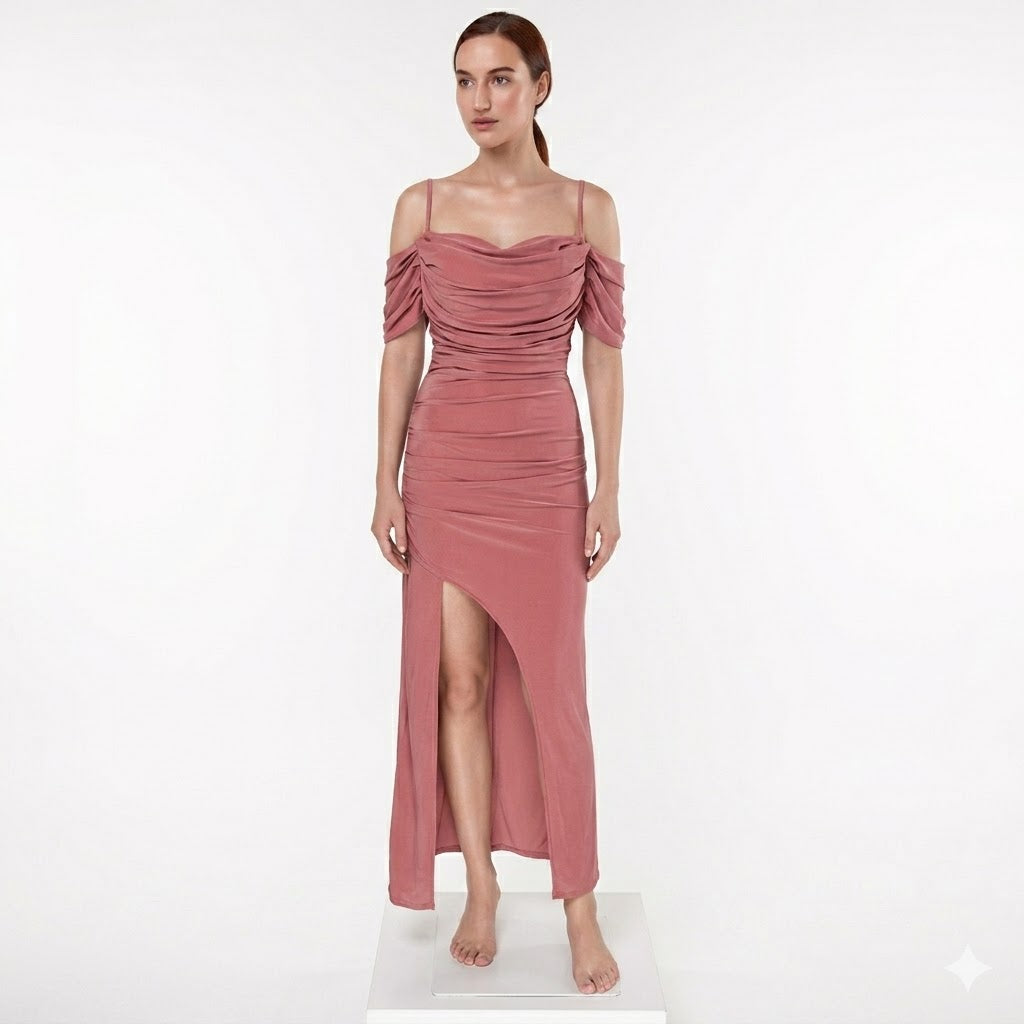 Long Bodycon cold - shoulder Lycra dress.