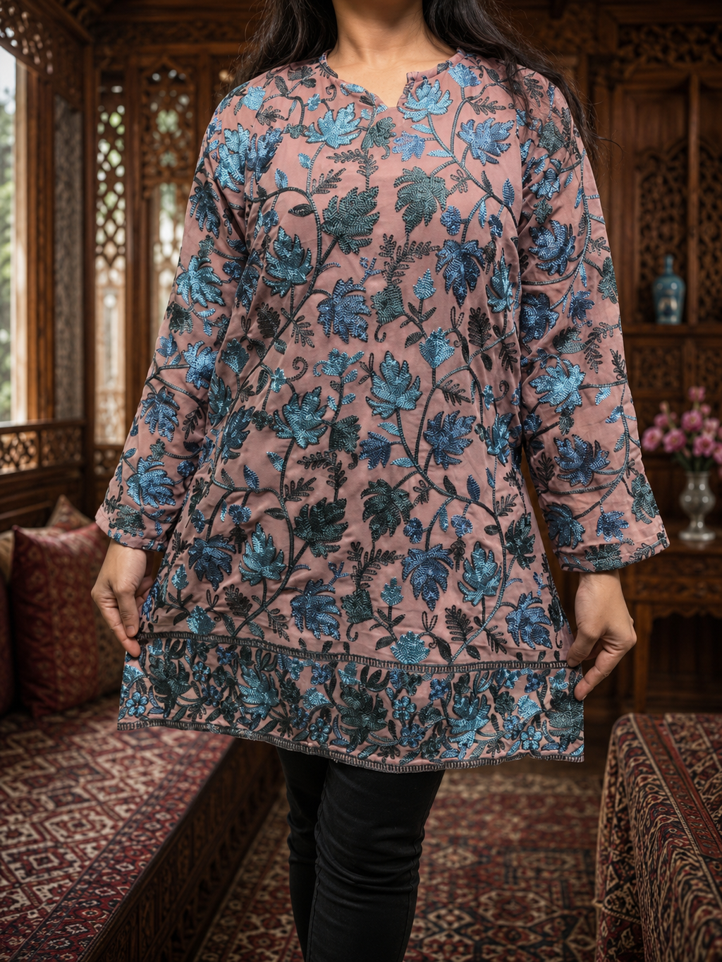 Onion Pink Georgette Kashmiri Short Kurti with Slate Blue Chinar Aari Embroidery, Without Lining