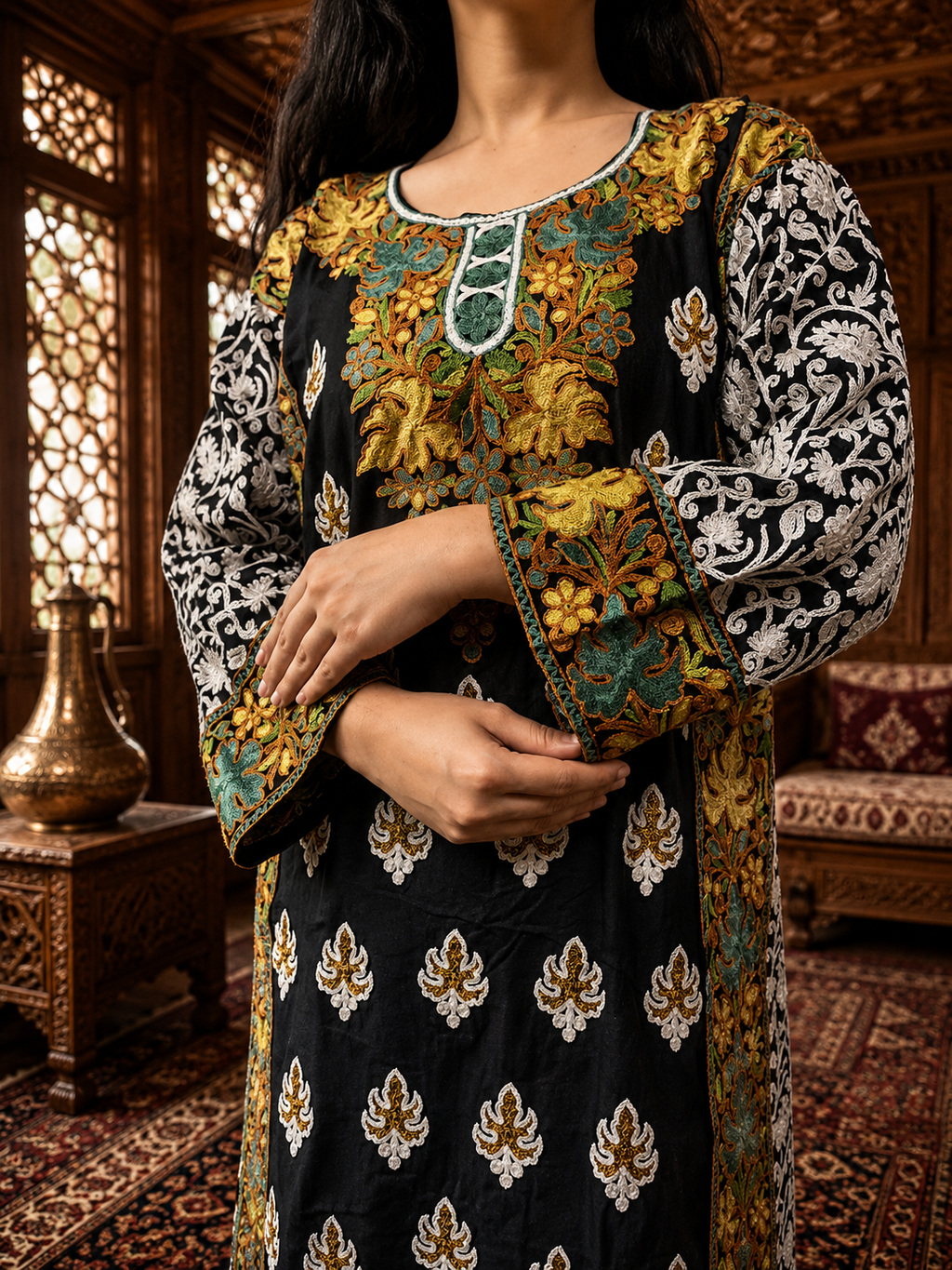 Black Georgette Kashmiri Designer Kurti - Aari with Zari Embroidery, Without Lining