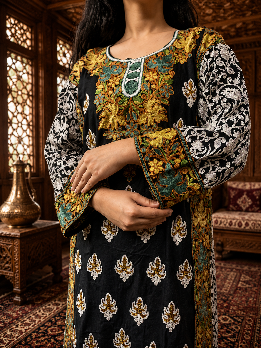Black Georgette Kashmiri Designer Kurti - Aari with Zari Embroidery, Without Lining
