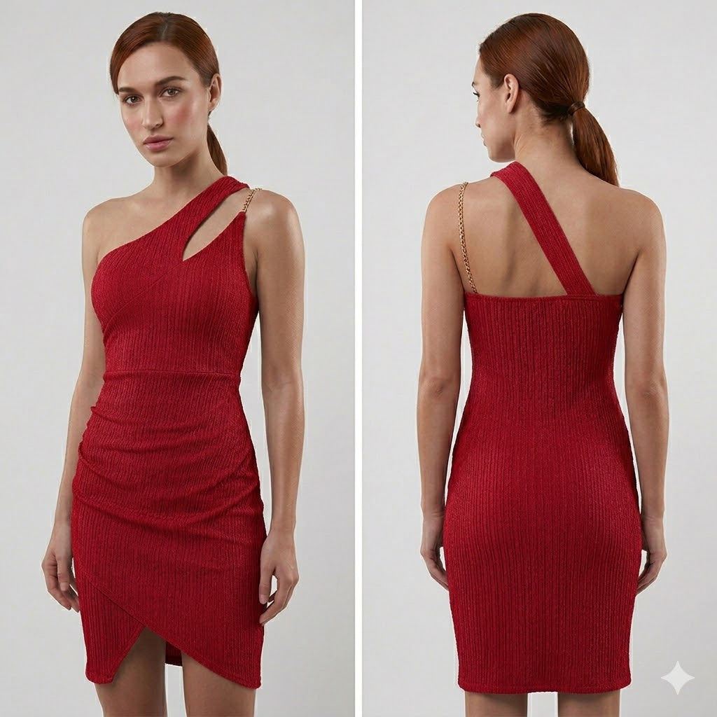 Short one shoulder bodycon dress.