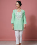 Pistachio Green SummerCool Cotton Short Kashmiri Kurti - Silver Grey & Light Yellow Aari Embroidery