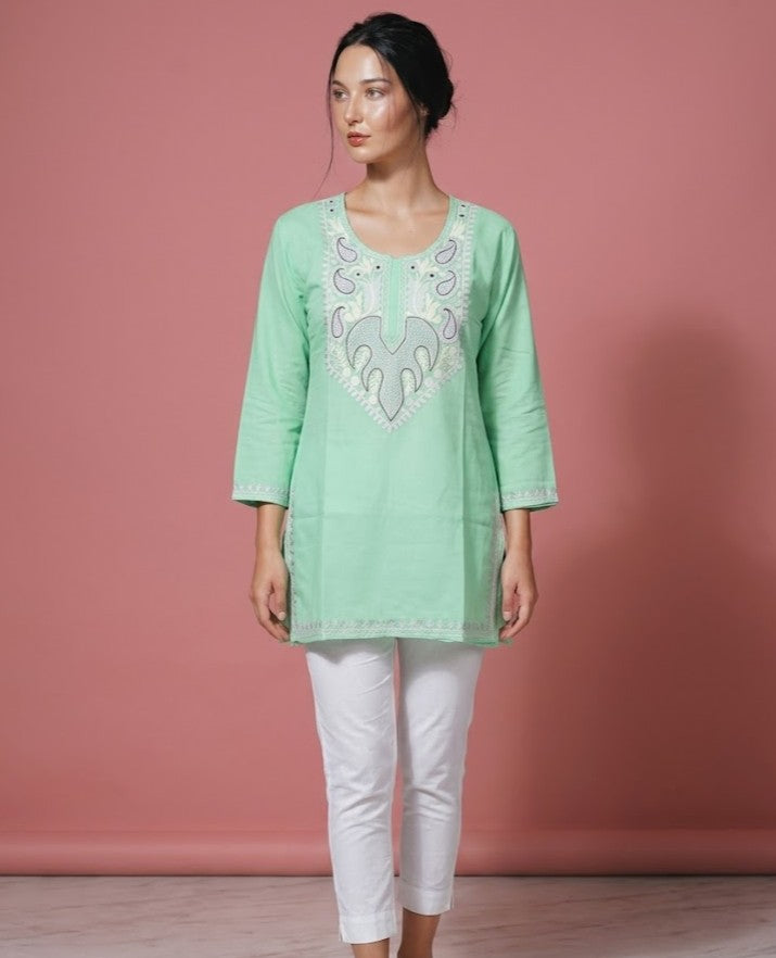 Pistachio Green SummerCool Cotton Short Kashmiri Kurti - Silver Grey & Light Yellow Aari Embroidery