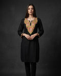 Black Rayon Cotton Kashmiri Kurti - Red & Yellow Sozni Embroidery