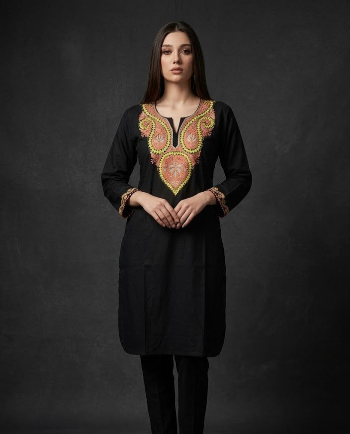 Black Rayon Cotton Kashmiri Kurti - Red & Yellow Sozni Embroidery