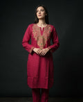 Blush Maroon Rayon Cotton Kashmiri Kurti - Yellowish Pink & Green Sozni Embroidery