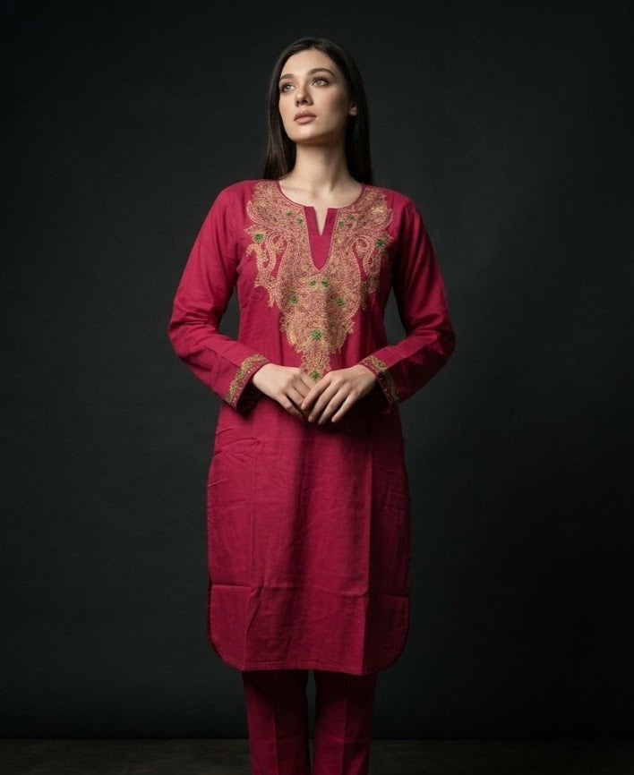 Blush Maroon Rayon Cotton Kashmiri Kurti - Yellowish Pink & Green Sozni Embroidery