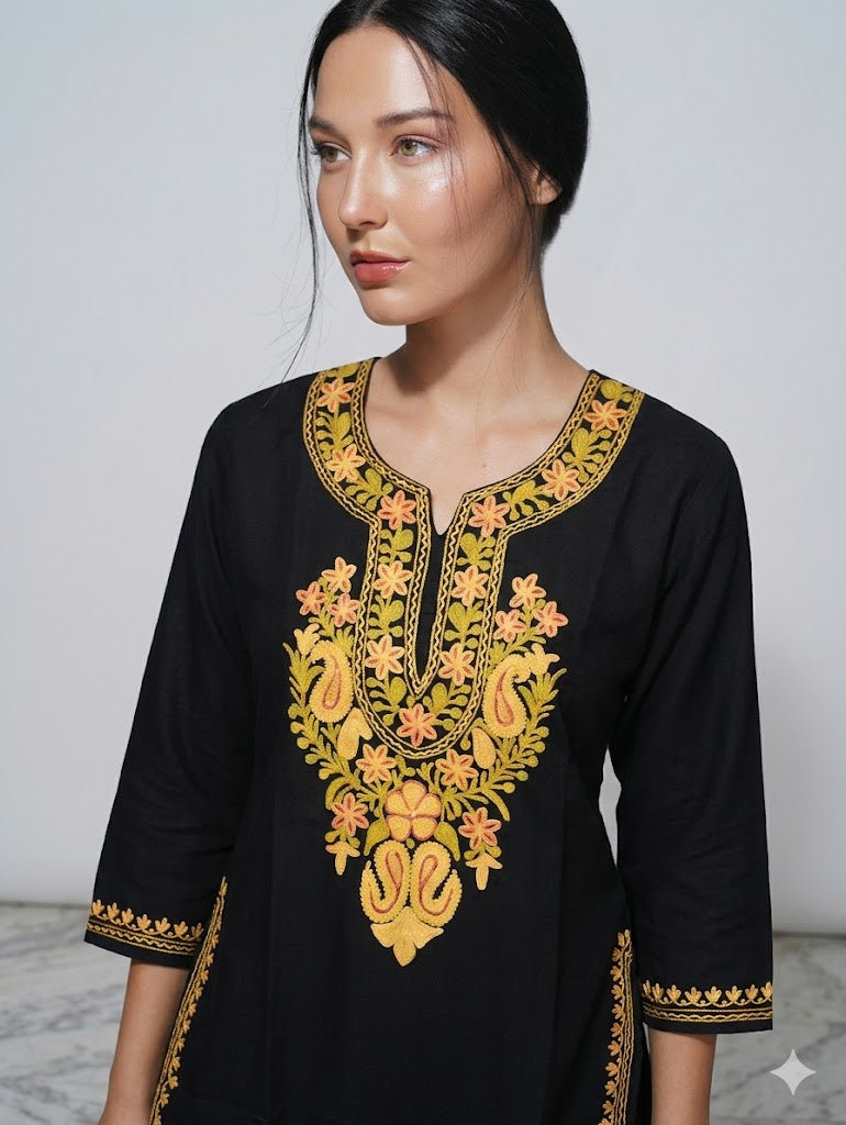 Black SummerCool Cotton Kashmiri Kurti - Light Yellowish Aari Embroidery