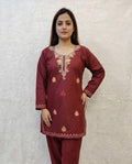Maroon Cotton Short Kashmiri Kurti - Multi Colour tone Aari Embroidery