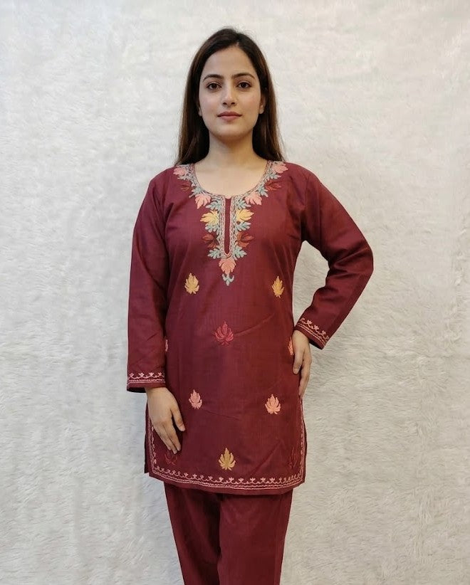 Maroon Cotton Short Kashmiri Kurti - Multi Colour tone Aari Embroidery