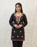 Black Cotton Short Kashmiri Kurti - Pink, Yellow & Brown Triple tone Aari Embroidery