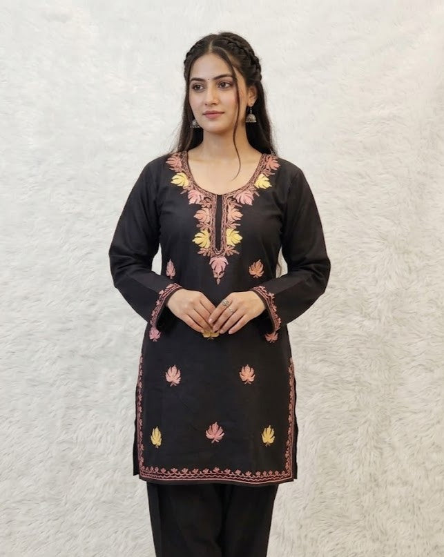 Black Cotton Short Kashmiri Kurti - Pink, Yellow & Brown Triple tone Aari Embroidery