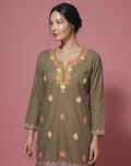 Brown Cotton Short Kashmiri Kurti - Multi Colour tone Aari Embroidery