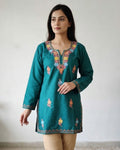 Peacock Green Cotton Short Kashmiri Kurti - Multi Colour tone Aari Embroidery