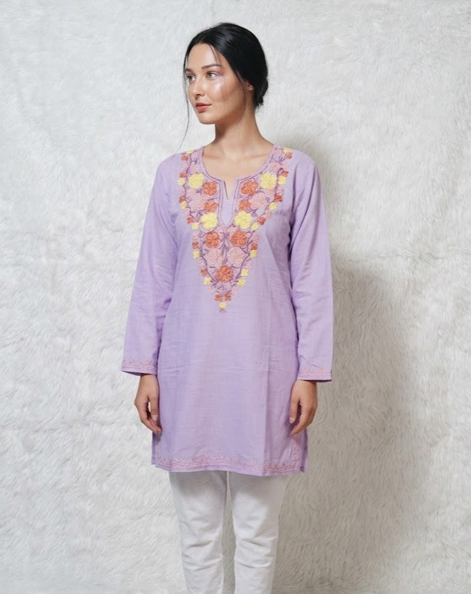Lavender Cotton Short Kashmiri Kurti - Multi Colour tone Aari Embroidery
