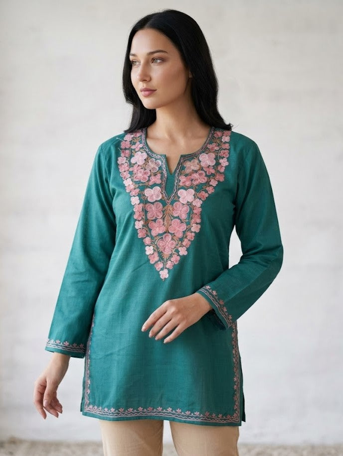 Peacock Green Cotton Short Kashmiri Kurti - Pink Shade Aari Embroidery